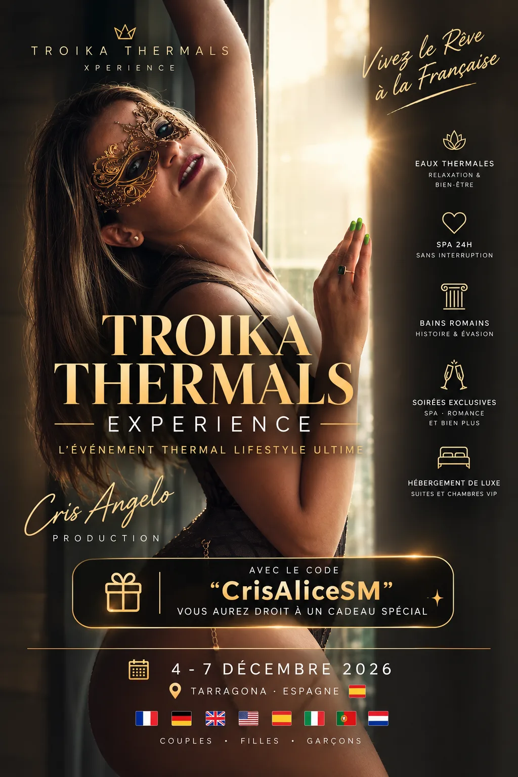 Swinger Party VIP - Du 4 au 7 Décembre 2026 - TROIKA Party - Code Cadeau "CrisAliceSM" pour un massage personnalisé.
